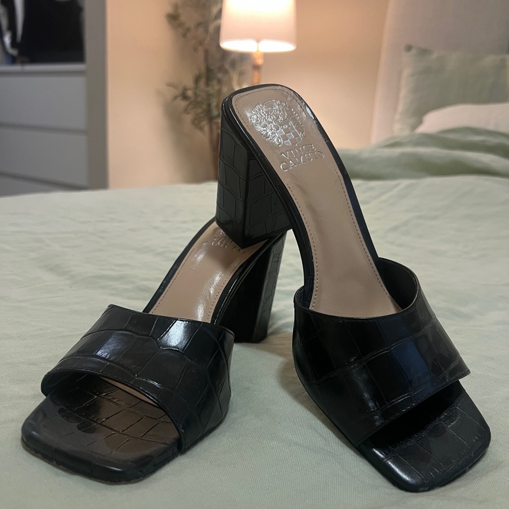 Vince Camuto Black Croc-Embossed Block Heel Mules